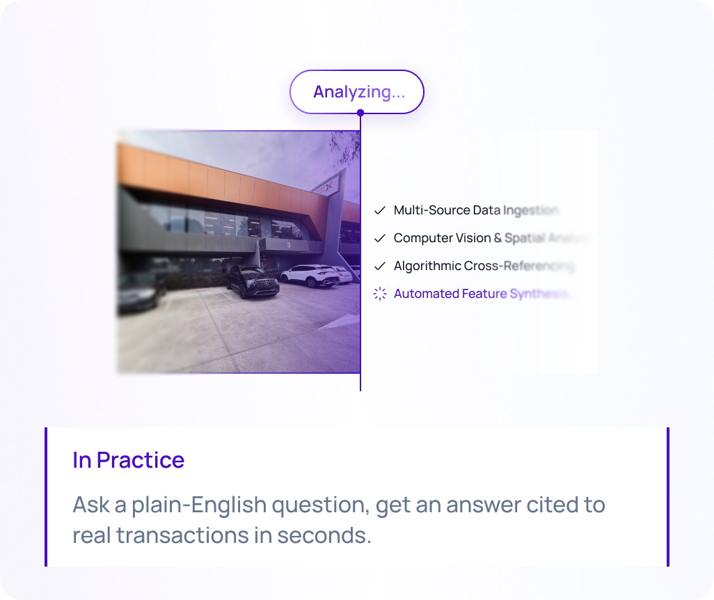 Plain-English market question answered with citations to real transactions