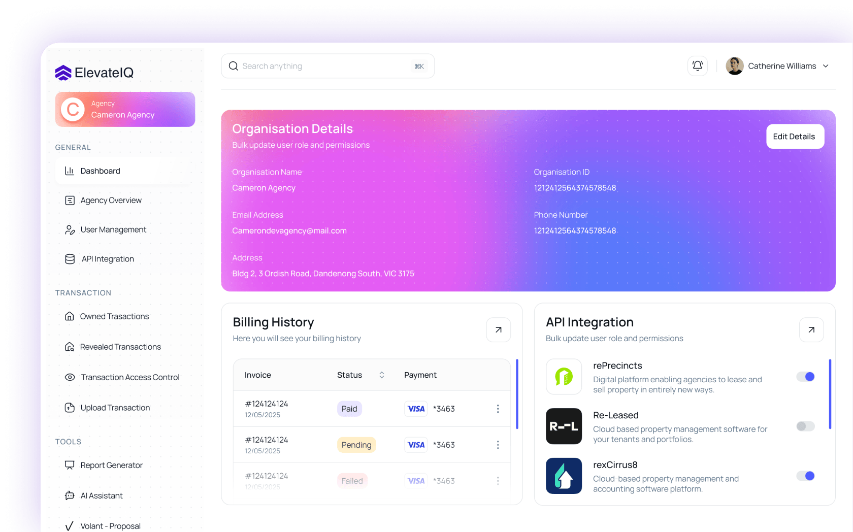 ElevateIQ platform dashboard showing organisation details, billing history and API integrations
